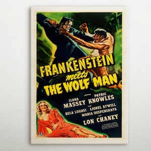 Puede incluir: Cartel de película vintage para la película "Frankenstein se encuentra con el hombre lobo". El cartel presenta una escena dramática con el monstruo de Frankenstein y el hombre lobo luchando en un bosque oscuro. El cartel es de color amarillo, verde y rojo. El texto del cartel dice "Frankenstein se encuentra con el hombre lobo" y enumera los actores de la película, incluidos Bela Lugosi, Lon Chaney y Patric Knowles.