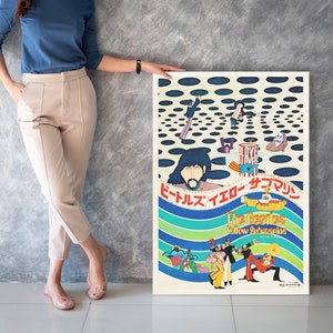 a woman standing next to a poster on a wall