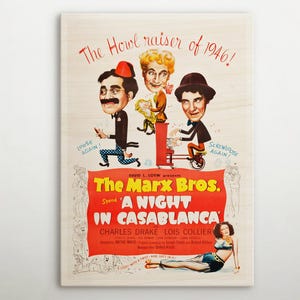 Manifesto americano in legno "A Night In Casablanca", classica opera d'arte murale raffigurante questo magico poster cinematografico, meraviglioso regalo per gli amanti dei poster retrò in legno.