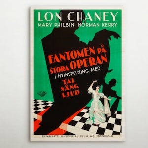 May include: A vintage movie poster for the film "The Phantom of the Opera" starring Lon Chaney, Mary Philbin, and Norman Kerry. The poster features a black and white image of the Phantom with a green background and the title in red and white text. The poster also includes the text "In a new recording with dialogue, singing, and sound."