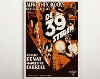 Affiche suédoise en bois des 39 marches, oeuvre d'art murale de film rustique de cette affiche de cinéma, cadeau vintage pour fan de décoration rétro intemporelle d'Hollywood.