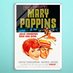 May include: A vintage movie poster for the Walt Disney film "Mary Poppins" featuring Julie Andrews and Dick Van Dyke. The poster has a yellow and black color scheme with a red background. The title "Mary Poppins" is in large, bold letters.