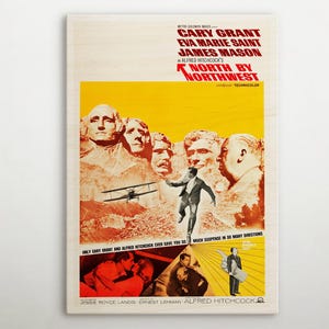 North By Northwest American Wooden print, vintage-inspired decor of this cinema poster, Ideal glamourous wall art for retro movie lovers.
