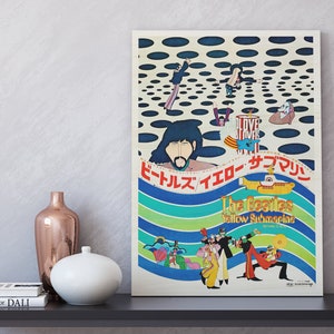 a poster on a shelf next to a vase