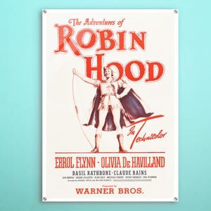 Affiche américaine en acrylique Les aventures de Robin des bois, oeuvre d'art murale représentant cette affiche de cinéma, cadeau pour les amateurs de décoration rétro et les fans d'Hollywood.