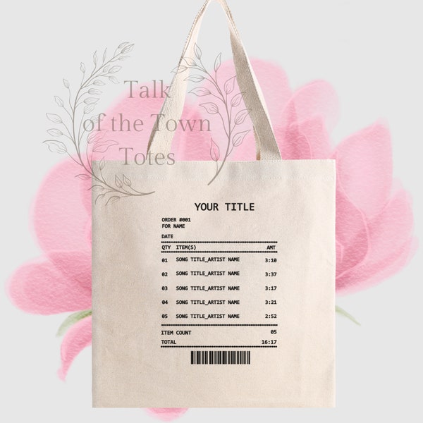 Music Receipt, Song Receipt Custom large cotton tote makes a great personalized gift. This durable, reusable canvas tote bag is eco friendly