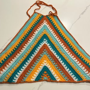 Orange/Teal Crochet Halter Top - XL