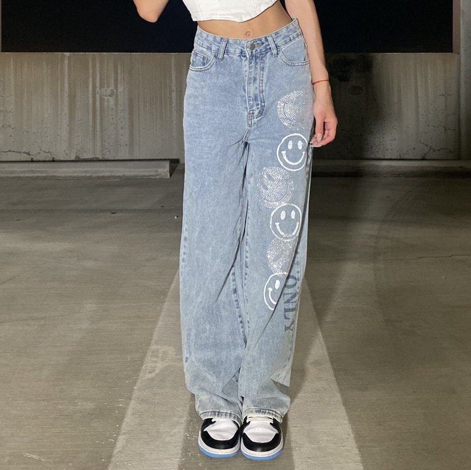 Custom Hand Painted Jeans Vintage High Waist With Ripped Knee 