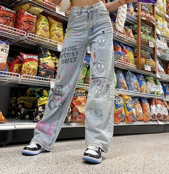 Custom Hand Painted Jeans Vintage High Waist With Ripped Knee