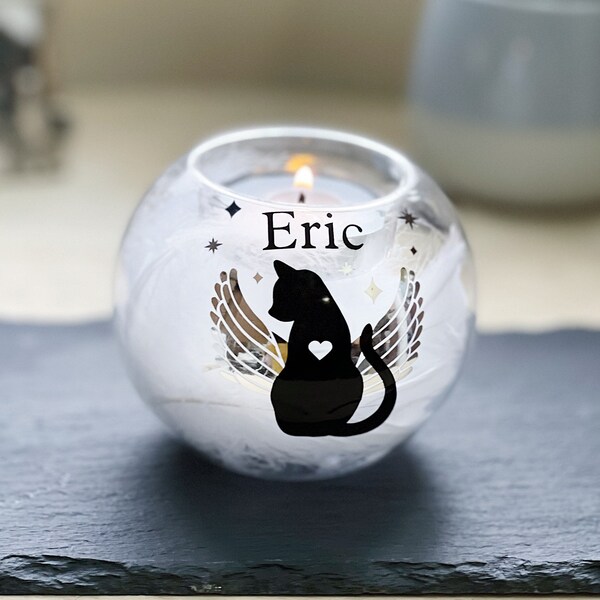 Personalised Cat Memorial Glass Tea-light Holder | Feather Filled Bereavement Pet Loss Remembrance Rainbow Bridge Keepsake Gift
