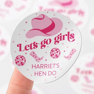 Personalised Hen Do Stickers, Cowboy Disco Pink Theme Custom Hen Party