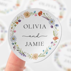 Pegatinas personalizadas de flores silvestres para bodas: dos nombres, detalles para hacer tú mismo.