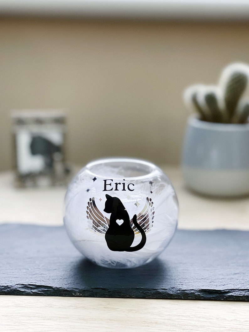 Personalised Cat Memorial Glass Tealight Holder Feather Etsy UK