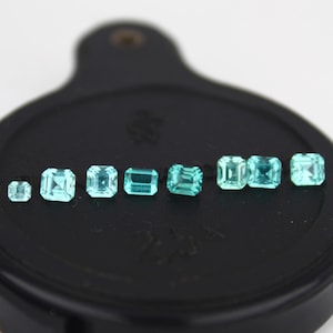 Könnte beinhalten: Eine Sammlung von acht hellblau-grünen, smaragdgeschliffenen Edelsteinen unterschiedlicher Größe wird auf einer schwarzen, oval geformten Oberfläche präsentiert. Die Edelsteine sind in einer Reihe angeordnet und zeigen ihre Klarheit und Farbe. Der Hintergrund ist weiß.