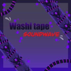 Op de afbeelding: Paarse en zwarte washi tape met een herhalend patroon van een robotkop met gloeiende roze ogen en de tekst "SOUNDWAVE".