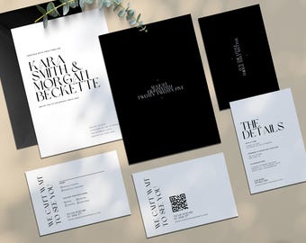 May include: A collection of black and white wedding stationery, including invitations and detail cards. The invitations feature elegant typography with names and event details. The cards have the text "We can't wait to see you" and a QR code.