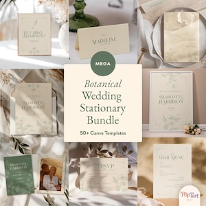 May include: A selection of botanical-themed wedding stationery templates. The bundle includes invitations, RSVP cards, bar menus, and signage. The designs feature floral illustrations and elegant typography. The text includes "Botanical Wedding Stationary Bundle" and "50+ Canva Templates".
