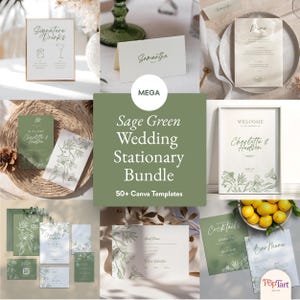 Può includere: Un pacchetto di cancelleria per matrimoni verde salvia con vari modelli, tra cui inviti, menu e segnaletica. I disegni presentano illustrazioni floreali ed elegante tipografia. Il pacchetto include oltre 50 modelli Canva.
