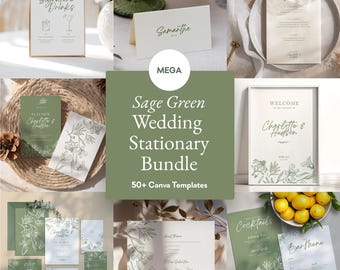 Sage Green Floral Wedding Sign Mega Template Bundle: Editable Canva Design (Digital Download)