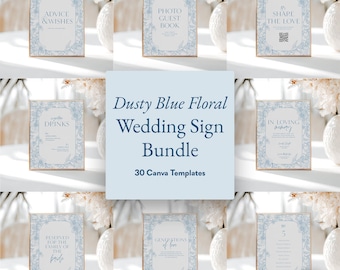 Dusty Blue Floral Wedding Sign Templates: Editable Canva Bundle (Digital Download)