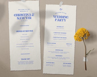 Modello di programma di nozze retrò blu e bianco: design Canva personalizzabile (download digitale)