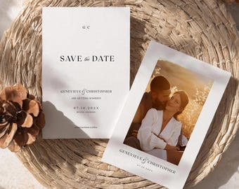 May include: Wedding announcement cards with the text "SAVE the DATE" and the names "Genevieve & Christopher". One card features a photo of the couple. The date is 07.10.202X. The cards are on a woven mat.