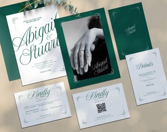 Emerald Green Wedding Invitation Suite: Canva Template (Digital Download)