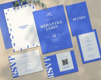 Blue Wedding Invitation Canva Template: Whimsical DIY Suite (Digital Download)