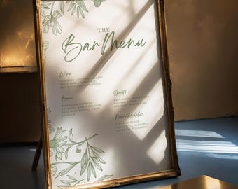 Floral Sage Grün Hochzeit Bar Menü Schild Vorlage (Canva Digital Download)