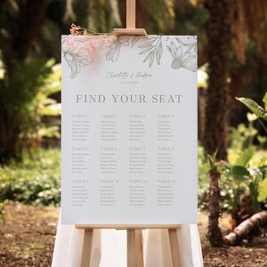 Salbeigrüne Hochzeits-Sitzplanvorlage, minimalistische botanische Einladung & Antwortkarte, bearbeitbare Canva Printables