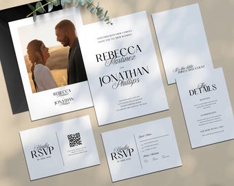 May include: A set of elegant wedding stationery featuring a photo of a couple, invitation, RSVP cards, and details card. The design is minimalist with black text on white paper. The names "Rebecca Martinez" and "Jonathan Phillips" are prominently displayed.