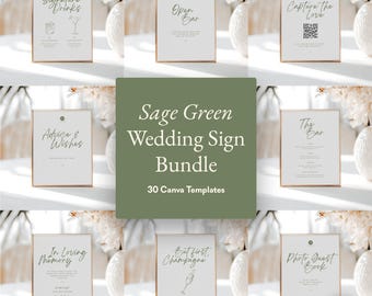 Sage Green Floral Wedding Sign Canva Template Bundle (Digital Download)