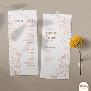 May include: Two wedding ceremony programs with floral designs and text. The left program lists the wedding party, including the bride, groom, and attendants. The right program details the ceremony's order. A yellow flower is taped to the right program.