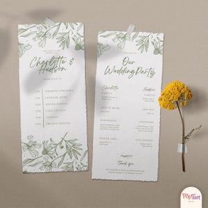 May include: Two wedding program cards with a floral design and the names "Charlotte & Hudson" and "Our Wedding Party" in green script. The cards list the wedding schedule and party members. A yellow flower is taped to the side.