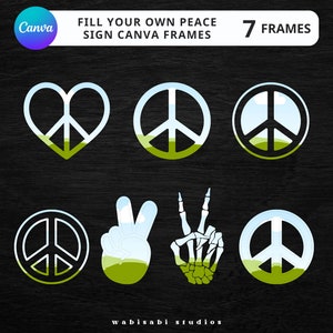 May include: Seven peace sign frames with different designs, including a heart, a hand, and a skeleton hand. The frames are outlined in black and filled with a blue sky, green grass, and white clouds.