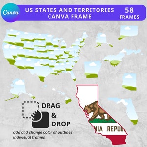 US States and Territory Canva Frame, Individual State Design, 50 States of America, Easy Drag and Drop, Editable Template, United States map