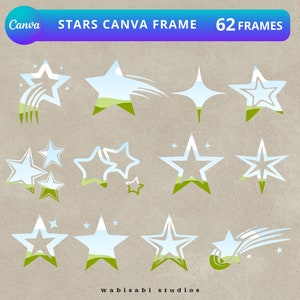May include: A set of 62 star-shaped frames in various styles, including a shooting star, a star with a green field inside, and a star with a sparkle effect. The frames are outlined in white and have a light blue background. The text "STARS CANVA FRAME 62 FRAMES" is at the top of the image.