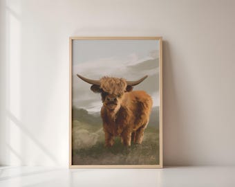 Highland Cow Haze | Printable Wall Art of a Rustic Hand Drawn Painting