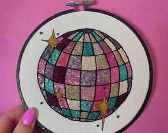 Shimmery Disco Ball - modern hand embroidery - finished hoop art - completed hoop art