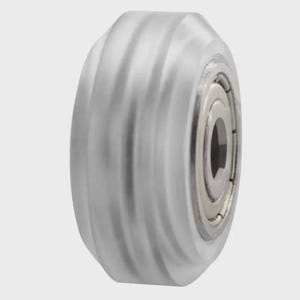 May include: A silver-colored roller bearing with a grooved, cylindrical design. The bearing has a central hole and a metallic inner component. The outer surface has a frosted appearance.