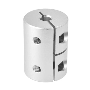 May include: A cylindrical metal coupling in silver. The coupling has a split design with two screw holes on one side and two on the other. A slot runs down the center of the coupling.