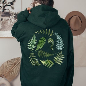 Fern Botanical Forest Plant Hoodie, Watercolor Fern Leaf Cottagecore Fairycore Aesthetic Women's Clothing, Nature Lover Gift