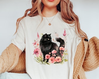 Cat Shirt, Floral Cat T-Shirt, Lucky Black Cat Watercolor Botanical Shirt, Women's Clothing, Vintage Cottagecore Cat Tee, Cat Lover Gift