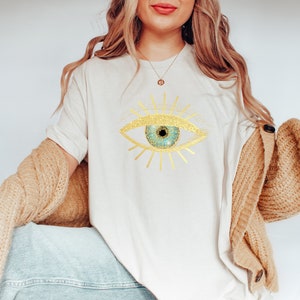 Evil Eye Shirt, Lucky Evil Eye Women&#39;s Clothing, Trendy All Seeing Eye T-Shirt, Protect Your Energy Yoga Shirt, Faux Glitter Look Shirt