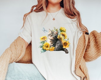 Cat Shirt, Vintage Cat and Sunflower T-Shirt, Floral Botanical Cottagecore Cat Shirt, Women's Clothing, Botanical Watercolor Cat Shirt