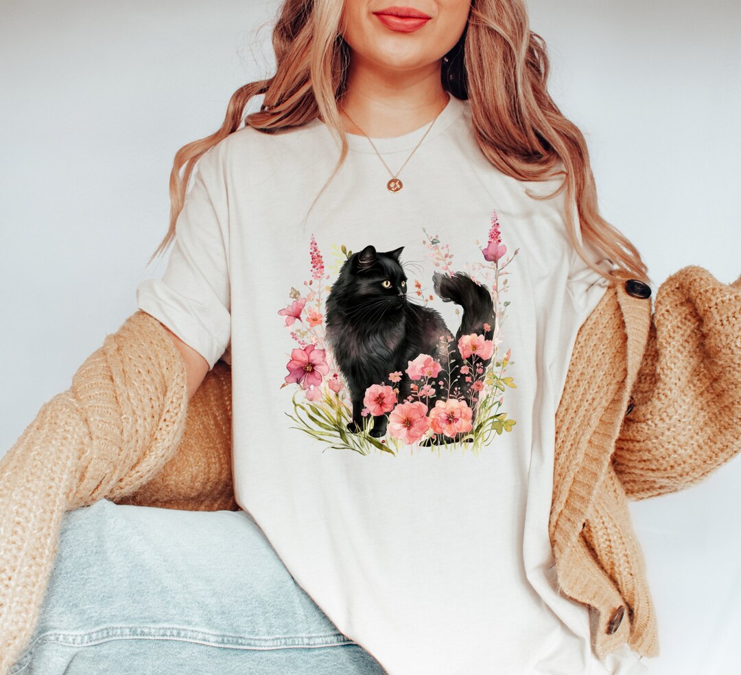 Cat Shirt, Floral Cat T-shirt, Lucky Black Cat Watercolor Botanical ...