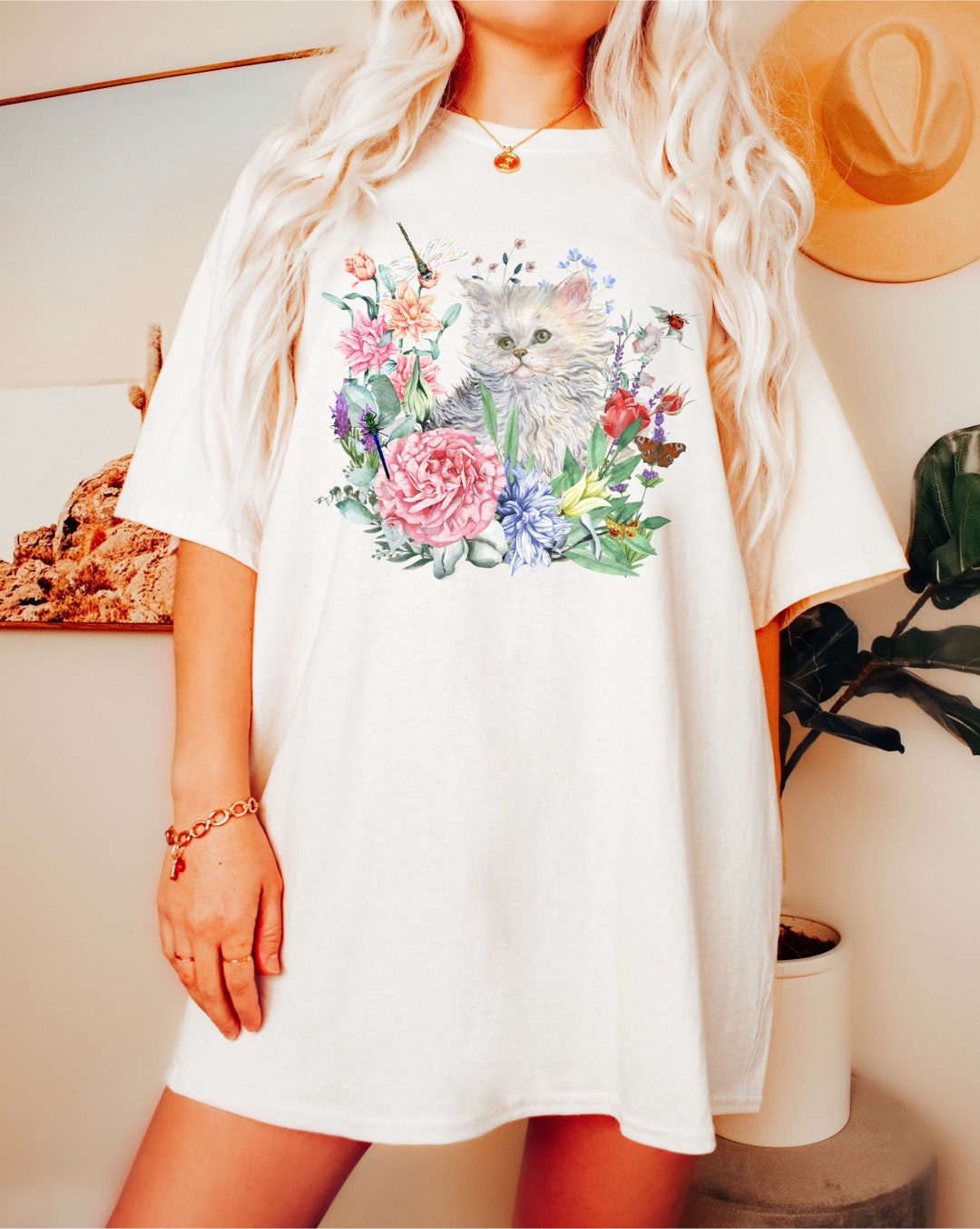 Cat Shirt, Botanical Cottagecore Aesthetic Shirt, Cute Oversized Preppy Clothing, Watercolor