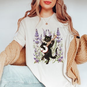 Vintage Black Cat Playing Banjo Floral Shirt, Banjo Cat Graphic Tee, Cat and Lavander T-Shirt, Floral Cat Tee, Cat Lover Gift