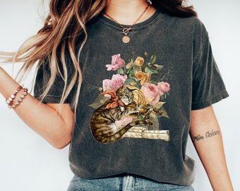 Comfort Colors Cat Playing Violin Shirt, Cat Floral Musical Shirt, Vintage Cat Flowers Violin Tee, Classical Music Lover Cat Lover Gift