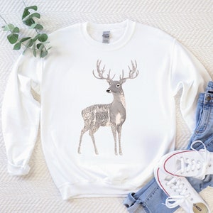 Sweat-shirt d&#39;art populaire de renne, pull de cerf de Noël, chemise de cerf, amoureux de la nature, vêtements d&#39;amant de cerf